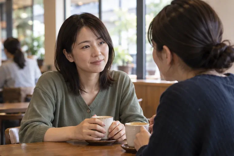 カフェのテーブルで、女性が飲み物を持ちながら友人と向き合って話している。