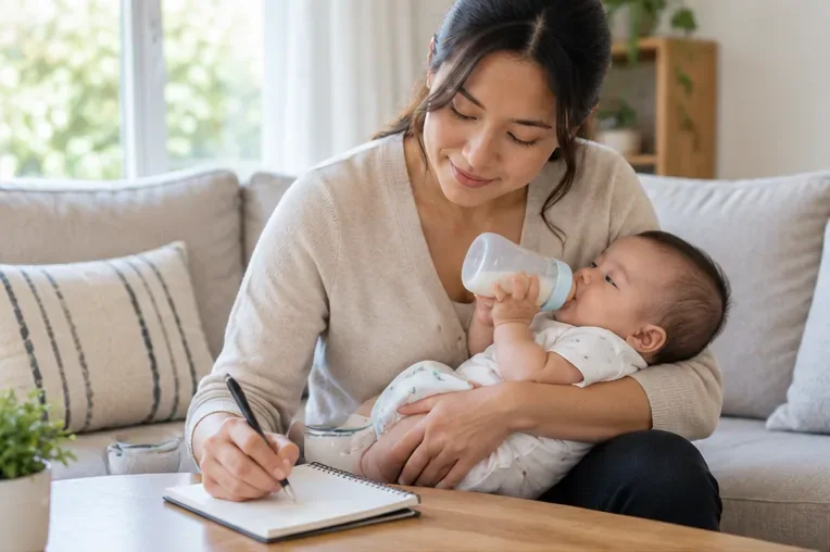 A parent bottle-feeds an infant on a couch while writing a short note in a notebook on the coffee table.