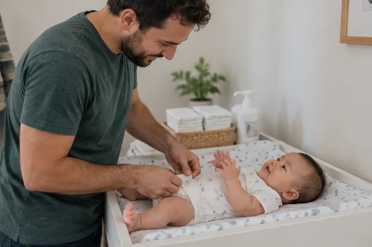 A father changes an infant's diaper on a changing table with clean diapers and supplies nearby.