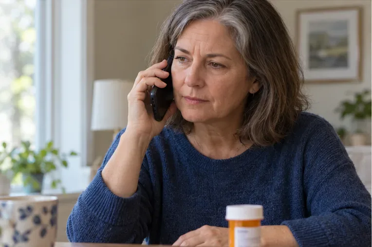 Un adulto habla por teléfono con un envase de medicamentos cerca mientras busca consejo profesional.
