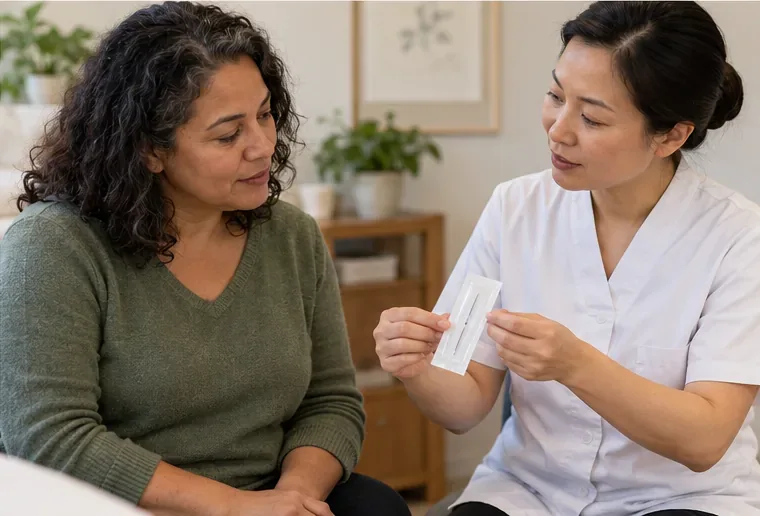 A clinician shows a patient a sealed acupuncture needle packet before treatment