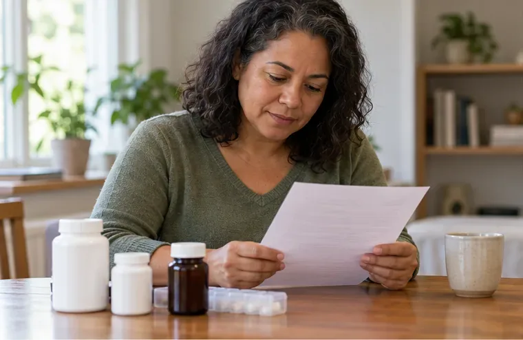A patient reviews a medication list beside several unbranded medicine containers at home