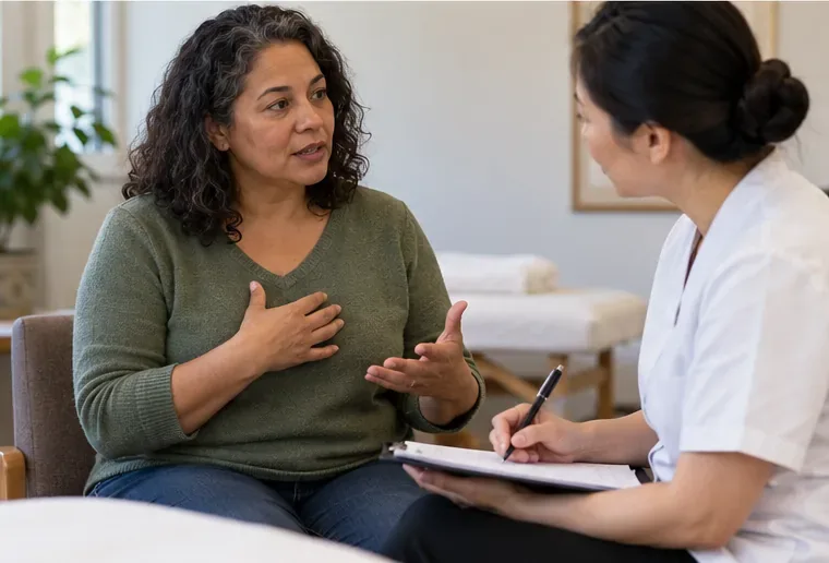 A patient describes personal health history while a clinician listens and writes notes