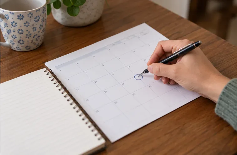 A hand circles a date on a paper calendar beside an open notebook.