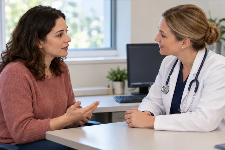 A fully clothed patient speaks with a clinician seated across a desk in a medical office.