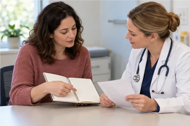 A patient shows an open notebook and a medication list to a clinician during a consultation.