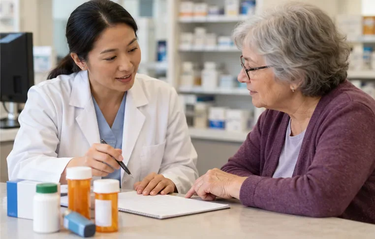 A patient and pharmacist review a handwritten checklist and medicine containers together at a consultation desk.