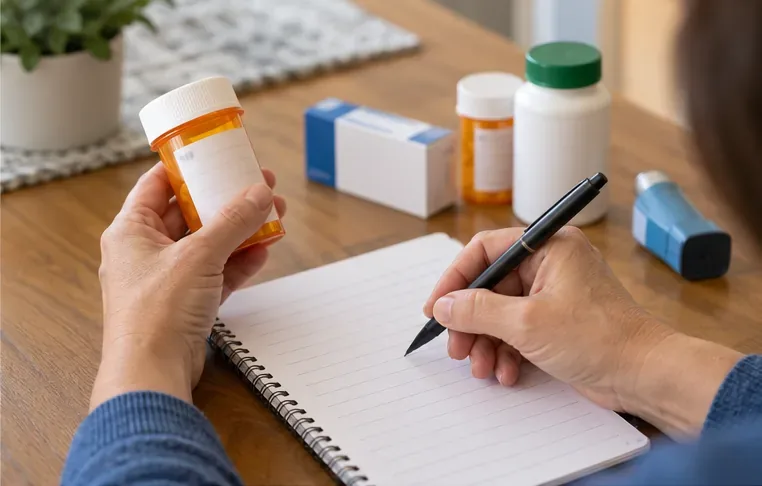 A person compares a medicine container with a blank lined notebook while writing a medicine-list entry.