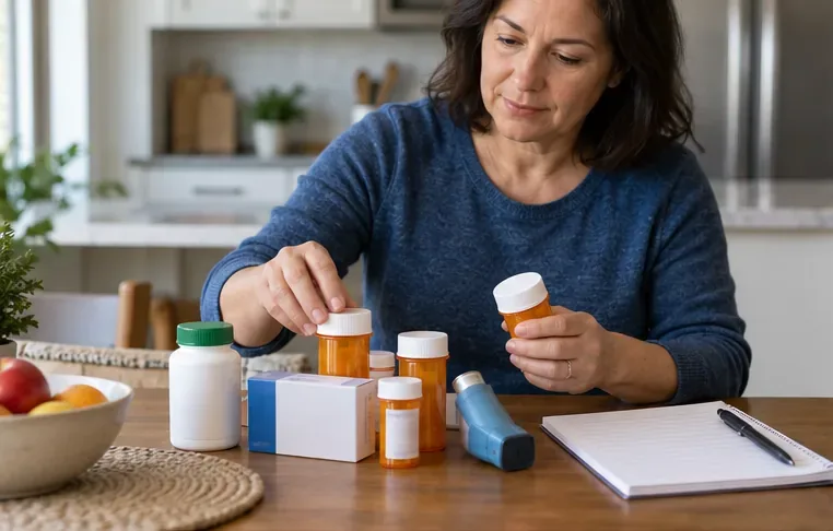 An adult gathers medicine bottles, a nonprescription package, an inhaler, and a blank checklist on a table.