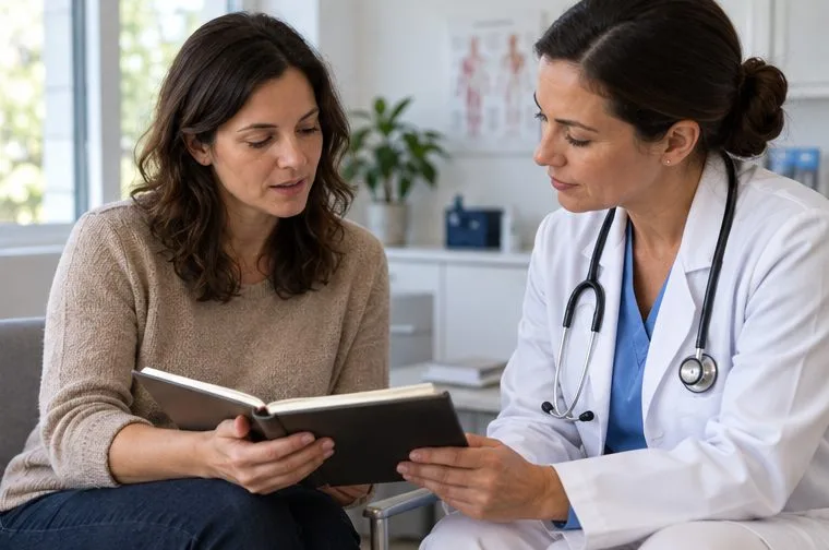 A woman reviews an open notebook with a clinician in a consultation room.