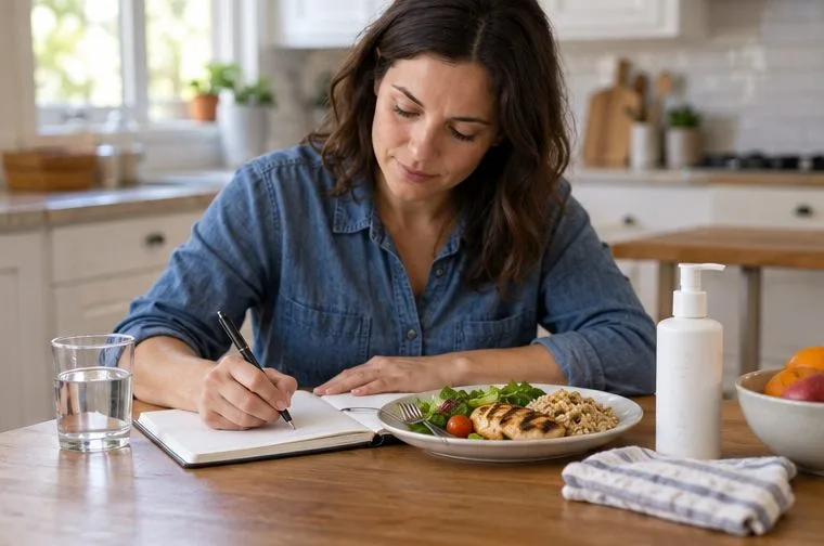 A woman records notes at a kitchen table with a meal and an unbranded bottle nearby.
