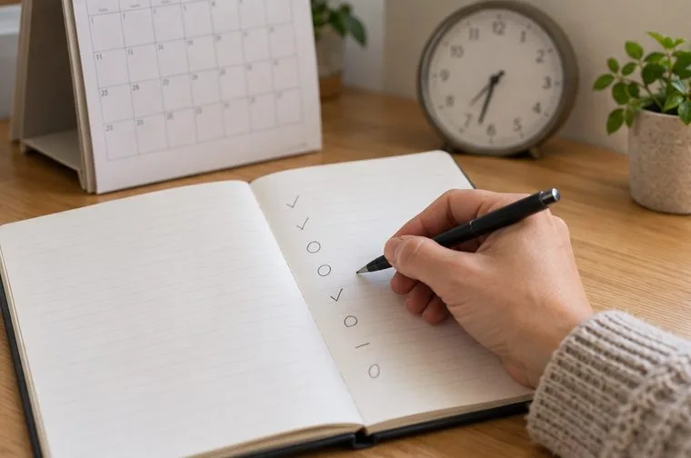 A hand marks a notebook checklist beside a calendar and clock.