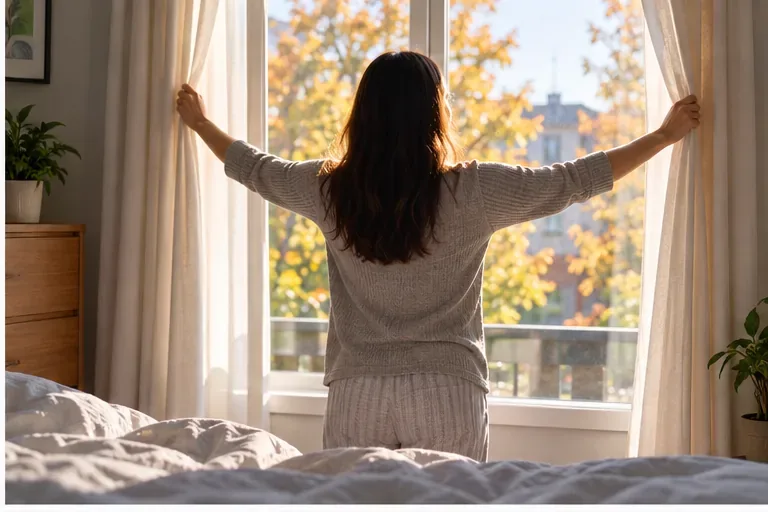 A person opens bedroom curtains to bright autumn morning light after waking.