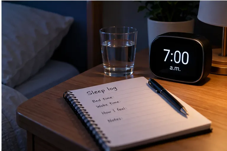 A bedside table holds a 7:00 a.m. alarm clock, a glass of water, and a notebook labeled Sleep log with spaces for bedtime, wake time, and how the person feels.