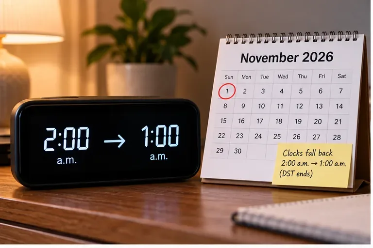 A bedside digital clock shows 2:00 a.m. changing to 1:00 a.m. beside a November 2026 calendar with November 1 marked.