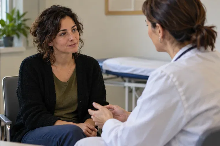 Una mujer conversa con una profesional sanitaria en una consulta de tonos claros.
