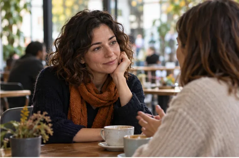 Dos mujeres conversan frente a frente en una cafetería luminosa.