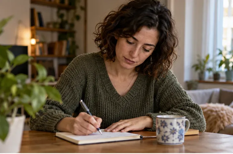 Una mujer anota en un cuaderno junto a una taza, sentada en casa.