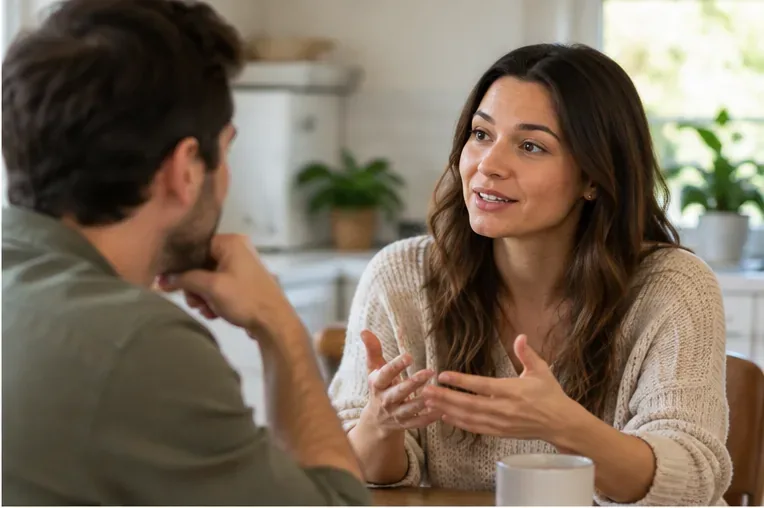 A woman speaking calmly across a table while her partner listens with his chin resting on his hand.