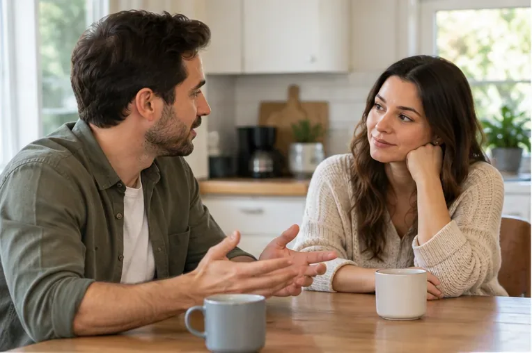 A couple sitting at a kitchen table while one partner speaks with open hand gestures and the other listens attentively.