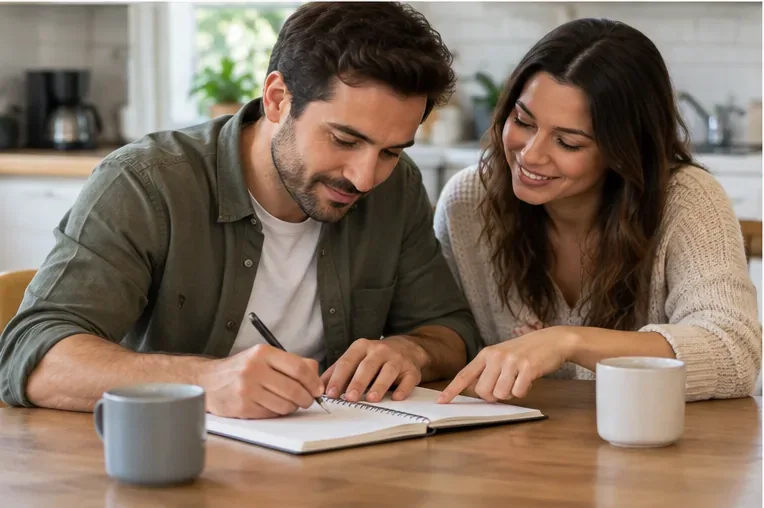 A couple leaning over an open notebook at a kitchen table while one partner writes and the other points to the page.
