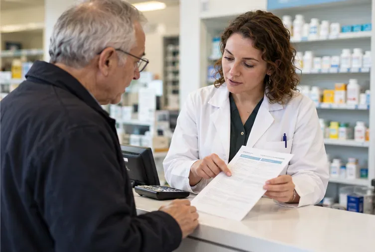 A pharmacist discusses a printed medicine safety notice with an adult at a pharmacy counter.