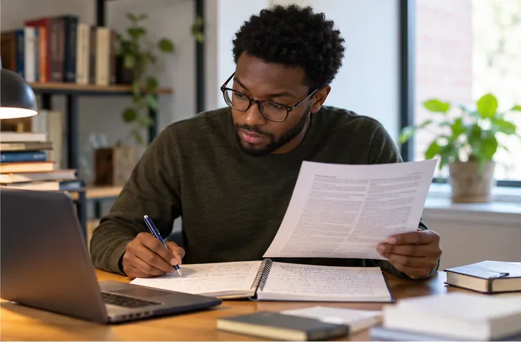 A reader compares a printed medical journal article with handwritten notes beside a laptop.