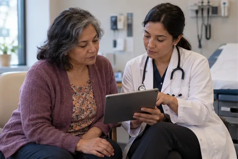 A patient and clinician review information together on a tablet during a calm office visit.