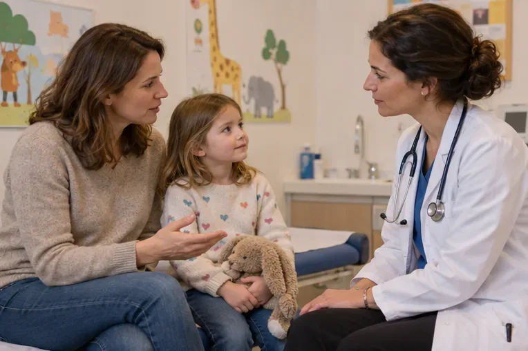Eine Kinderärztin spricht mit einem Elternteil und einem Kind im Untersuchungszimmer.