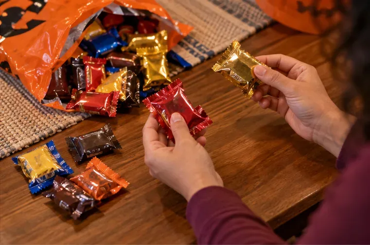 Hands compare small wrapped candies with candy from an open Halloween bag on a wooden table.