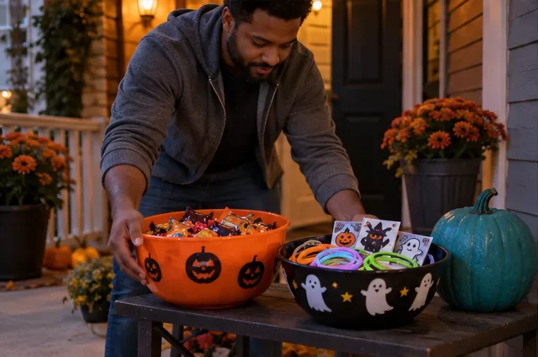 An adult arranges sealed Halloween candy and small non-food trinkets in separate bowls on a porch beside a teal pumpkin.