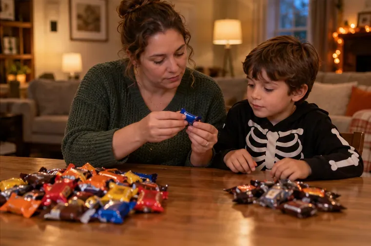 A parent and child sit together at home as the parent checks a small wrapped Halloween candy before sorting it.