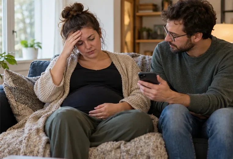 A pregnant adult rests with one hand at their forehead while their partner listens and offers a phone