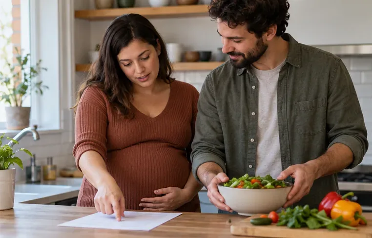 A pregnant person points to a blank household list while their partner holds a bowl of food