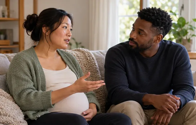 A visibly pregnant adult speaks while their partner sits facing them and listens attentively