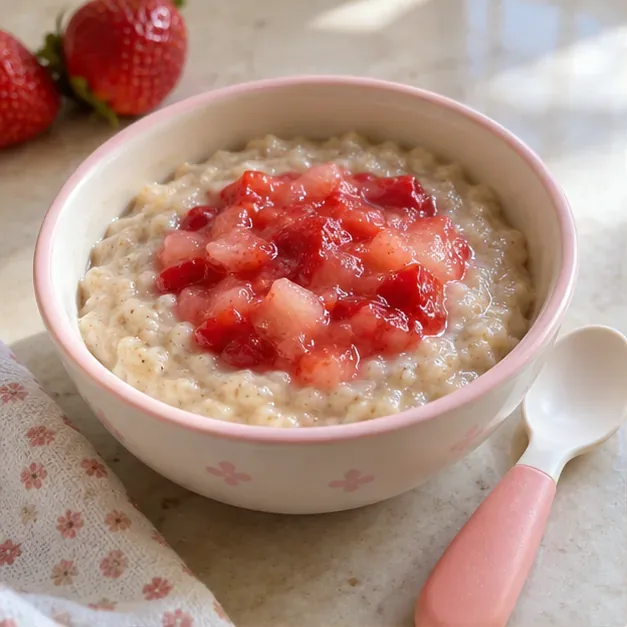 A small bowl of soft cereal topped with diced strawberries, with a spoon beside it.
