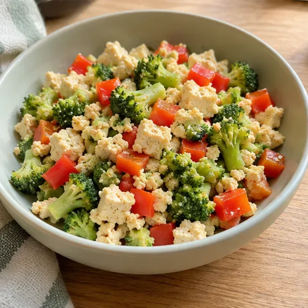 A bowl of soft crumbled tofu with small pieces of cooked broccoli and red pepper.
