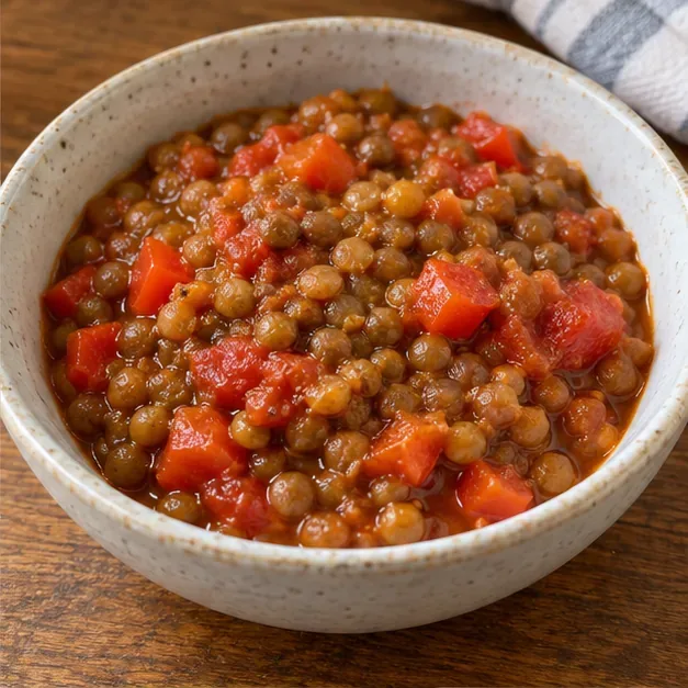 A bowl of cooked lentils mixed with soft pieces of tomato and red pepper.