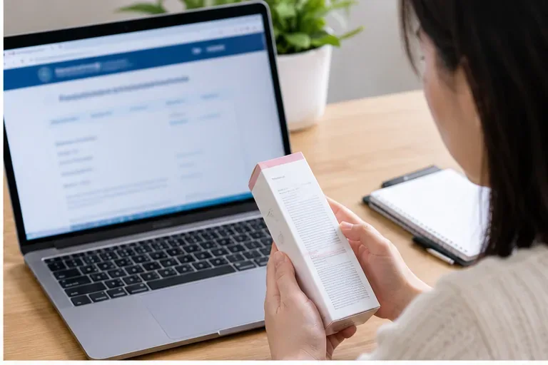 O persoană compară un pachet de produse de îngrijire a pielii cu informațiile afișate pe un laptop în timp ce verifică detaliile produsului.