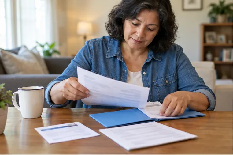 An adult at a home table gathers printed medical report pages and places them in a blue folder.