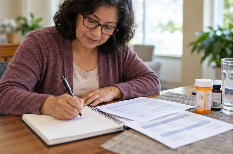 An adult writes in a notebook beside printed medical papers and prescription bottles on a table.