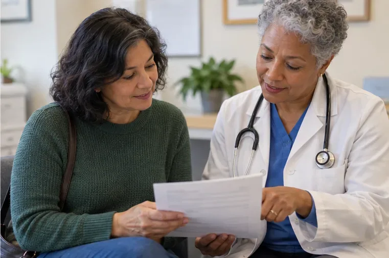 A patient and clinician look together at a printed report during a calm office discussion.