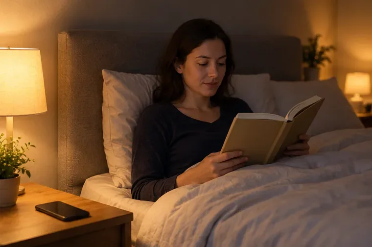 A woman reading a paper book in bed under a warm bedside lamp with her phone resting unused on the nightstand.