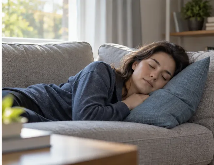 A woman taking a short daytime nap on a living-room couch near a bright window.