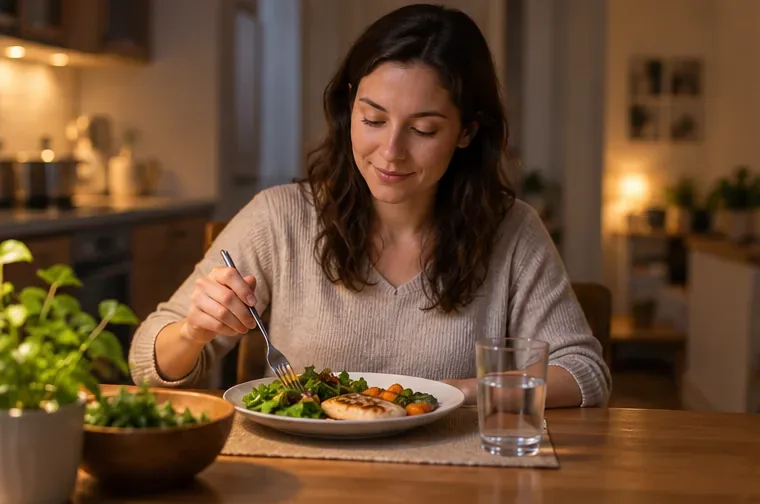 A woman eating a simple evening meal with vegetables and water at a dining table in warm indoor light.