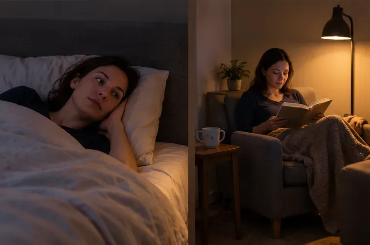 A woman awake in bed while a nearby chair and reading lamp provide a quiet place for a low-stimulation activity.