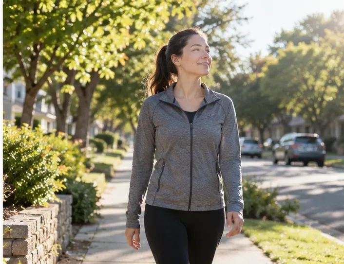 A woman taking a morning walk on a tree-lined residential sidewalk in bright natural daylight.
