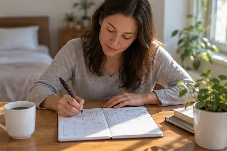 A woman writing wake time, bedtime, and daily notes in a paper sleep diary at a sunlit table.