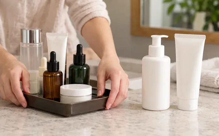Hands moving several serum bottles aside while leaving a plain cleanser and moisturizer on a bathroom counter