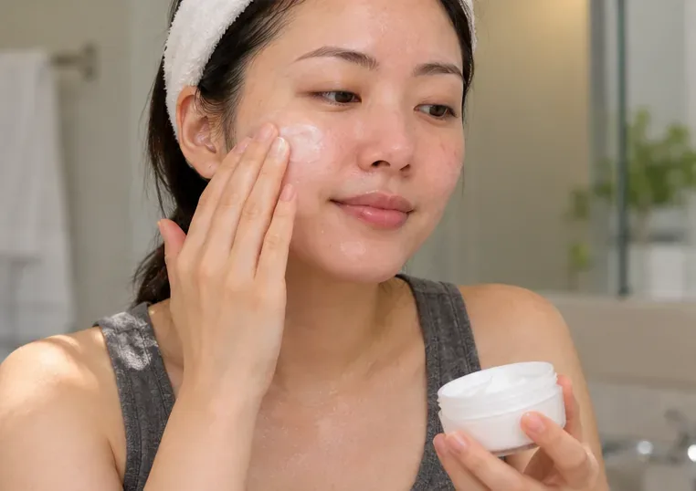 Woman applying a plain white moisturizer from a jar to slightly damp facial skin